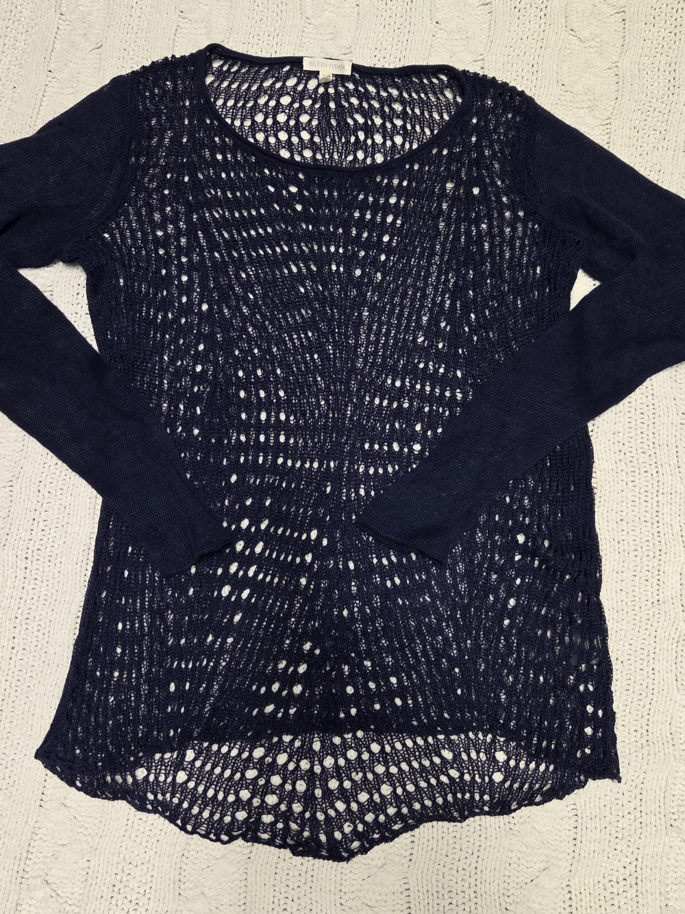 Eileen Fisher Navy Open-Knit Scoop Neck Sweater